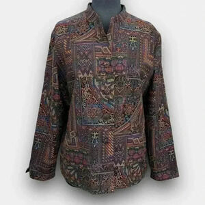 Unique Expressions Women's Patchwork Jacket L Black Mandarin Collar Button Front